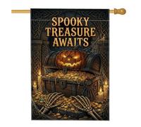 Bandiera della casa di Halloween Jack-o'-lantern del tesoro dei pirati | Scrigno del tesoro gotico, bandiera del cortile, mani di scheletro, candele incandescenti, sfondo nodo celtico