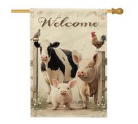 Bandiera della casa di mucca, maiali rustici in stile rustico con gallo nessuno marrone in iuta su entrambi i lati, decorativa, per esterni, patio, cortile, prato, ingresso, balcone, 71 x 101 cm