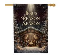 Bandiera della casa di Natale con citazione religiosa religiosa, 71 x 101 | tema religioso, bandiera prato, scena religiosa, paesaggio notturno invernale, testo dorato, decorazione da giardino
