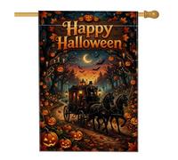 Bandiera della casa disegnata da cavalli con carrozza e zucche di Halloween | Zucche incandescenti, bandiera del prato, foresta mistica, foglie autunnali, carrozza spettrale, decorazione festiva del