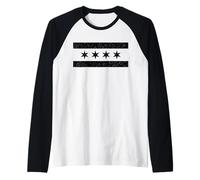 Bandiera della città di Chicago leggermente invecchiata, stile nero Maglia con Maniche Raglan