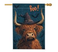 Bandiera della mucca delle Highland di Halloween, cappello da strega con testo arancione, decorazione per la casa e il giardino, bandiera da giardino in iuta su entrambi i lati, decorazione natalizia
