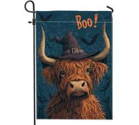 Bandiera della mucca delle Highland di Halloween, cappello da strega con testo arancione, decorazione per la casa e il giardino, bandiera da giardino in iuta su entrambi i lati, decorazione natalizia
