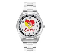Bandiera della Sicilia Orologio al Quarzo Personalizzato in Acciaio Inox Orologio da Polso con Numeri Arabi per Uomo Donna