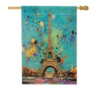 Bandiera della torre di Parigi, moderna e artistica con schizzi di colore, paesaggio urbano primaverile turchese su entrambi i lati, grande bandiera da giardino per esterni, cortile, prato, patio