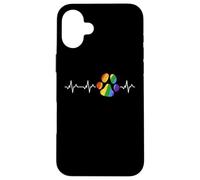 Bandiera dell'arcobaleno di ECG dell'impronta dell'animale domestico di battito cardiaco della stampa della zampa del cane Custodia per iPhone 16 Plus