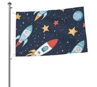 Bandiera dell'universo con astronavi e stelle, 60 x 90 cm, double-face, in poliestere, con occhielli in metallo, resistente allo sbiadimento, leggera, per cortile, balcone, prato, feste, decorazione