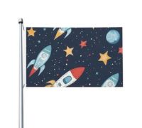 Bandiera dell'universo con astronavi e stelle, 90 x 150 cm, double-face, in poliestere, con occhielli in metallo, resistente allo sbiadimento, leggera, per cortile, balcone, prato, feste, decorazione