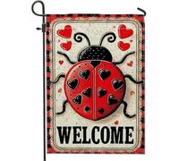 Bandiera di benvenuto a forma di coccinella, bandiera da giardino con insetti a forma di cuore, bandiera da giardino in iuta su entrambi i lati, decorazione per la casa all'aperto, decorazione per