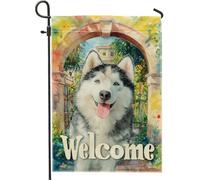 Bandiera di benvenuto da giardino con cane husky, decorazione invernale colorata per esterni, striscione artistico su entrambi i lati, decorazione per prato per amanti degli animali, 30,5 x 45,7 cm