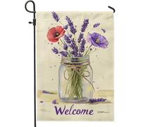 Bandiera di benvenuto da giardino con papavero lavanda, bandiera viola floreale per la decorazione della casa da cortile, doppia faccia in iuta decorazione per prato all'aperto 30,5 x 45,7 cm