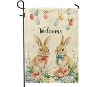 Bandiera di benvenuto del giardino di Pasqua carino coniglietto marrone con fiori bandiere di juta stagione primaverile per la decorazione della casa all'aperto banner da patio doppio