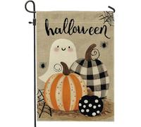 Bandiera di Halloween fantasia per giardino zucche arancio e fantasma banner decorazione per la casa, bandiera bifacciale in iuta per la decorazione del prato in vacanza all'aperto