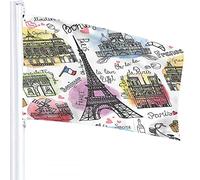 Bandiera di Parigi 4x6 FT Bandiere del punto di riferimento della Francia Doodle Torre Eiffel Parola Bonjuor Cuori d'amore Bici Bandiere all'aperto Grandi striscioni di benvenuto Cortile Casa Giardi