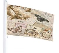 Bandiera di Parigi 4x6 FT Cartolina vintage con rose Farfalla Bicicletta Torre Eiffel Bandiere per esterni Grandi striscioni di benvenuto per cortile Casa Giardino Cortile Prato Decor Marrone