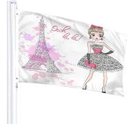 Bandiera di Parigi 4x6 FT Francia Torre Eiffel Moda Ragazza francese Abito floreale Rosa Doodle Fiore Bandiere per esterni Grande benvenuto Cortile Banner Casa Giardino Cortile Prato Decor