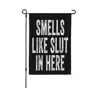 Bandiera divertente per adulti con umorismo "Odora di sgualdrina qui dentro", bandiera da giardino, 28"X40", bandiera bifacciale, striscione per esterni, per le vacanze, in fattoria, per patio e cor