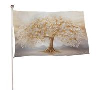 Bandiera dorata con albero della vita, fiori bianchi, 9 x 1,5 m, per esterni, giardino, bandiere, decorazione per cortile, portico, prato, fattoria
