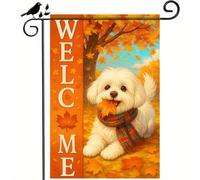 Bandiera Esterna Thanksgiving Fall Welcome Bichon Frise Dog Autumn Puppy With Plaid Scarf And Leaves 30X45Cm Bandiera Stagionali Divertenti Bandiere Per Balcone Fattoria Patio