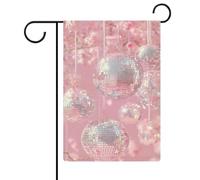 Bandiera estetica da giardino rosa con palline da discoteca per vacanze stagionali in iuta su entrambi i lati, 30,5 x 45,7 cm