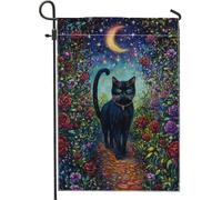 Bandiera estiva da giardino a forma di gatto al chiaro di luna, decorazione floreale incantata per esterni, bandiera da cortile in iuta su entrambi i lati, per la decorazione della casa e del prato