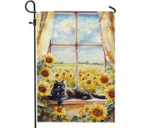 Bandiera estiva da giardino a forma di gatto con girasole, decorazione artistica per prato con gattino nero, double face, colori vivaci, decorazione per la casa all'aperto, perfetta per feste