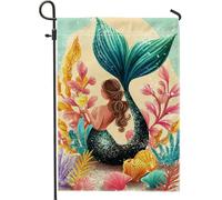 Bandiera estiva da giardino a forma di sirena, colorata con coda glitterata a tema oceano, decorazione per la casa e il giardino, in iuta su entrambi i lati, decorazione per esterni, per feste