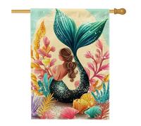 Bandiera estiva da giardino a forma di sirena, colorata con coda glitterata a tema oceano, decorazione per la casa e il giardino, in iuta su entrambi i lati, decorazione per esterni, per feste e