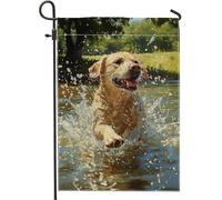 Bandiera estiva da giardino all'aperto, con cane dorato che spruzza in acqua, decorazione per la casa, bandiera in iuta su entrambi i lati, decorazione regalo per amanti degli animali, 30,5 x 45,7 cm