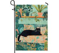Bandiera estiva da giardino botanico, gatto e piante verdi, bandiera decorativa per esterni, bandiera artistica su entrambi i lati, per giardino e casa, 30,5 x 45,7 cm