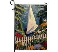 Bandiera estiva da giardino con barca a vela bianca su acqua blu con fiori colorati, decorazione per esterni, striscione su entrambi i lati per la decorazione della casa, cartello festivo per prato
