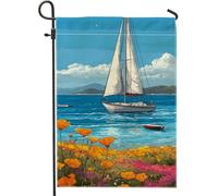 Bandiera estiva da giardino con barca a vela costiera, bandiera floreale blu oceano decorazione per la casa, bandiera da giardino in iuta su entrambi i lati, decorazione per prato esterno 30,5 x 45,7