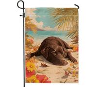 Bandiera estiva da giardino con cane da spiaggia, marrone Lab rilassante sulla riva, decorazione per la casa da cortile, decorazione per prato esterno su entrambi i lati, tema animali tropicali, 30,5