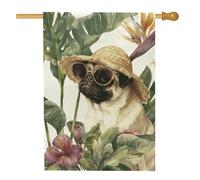 Bandiera estiva da giardino con carlino, occhiali da sole eleganti e cappello di paglia con animali, decorazione tropicale su entrambi i lati, decorazione floreale per la casa 71 x 101 cm