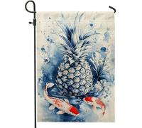 Bandiera estiva da giardino con carpa e ananas, striscione blu tropicale ad acquerello da cortile, decorazione decorativa per esterni su entrambi i lati, decorazione per la casa della spiaggia 30,5 x