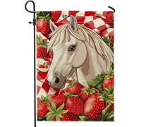 Bandiera estiva da giardino con cavallo da picnic, con fragole rosse, decorazione per la casa e il cortile, in iuta su entrambi i lati, decorazione per esterni, feste, prato, 30,5 x 45,7 cm