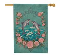 Bandiera estiva da giardino con delfini, verde acqua e onde dell'oceano, striscione decorativo floreale per la casa, bandiera da giardino in iuta su entrambi i lati, decorazione per esterni, 71 x 101