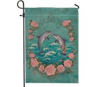 Bandiera estiva da giardino con delfini, verde acqua e onde dell'oceano, striscione decorativo floreale per la casa, bandiera da giardino in iuta su entrambi i lati, decorazione per esterni, 30,5 x