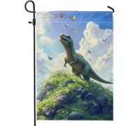 Bandiera estiva da giardino con dinosauro, verde con farfalle, decorazione vintage per esterni, decorazione su entrambi i lati, per feste primaverili sul prato, 30,5 x 45,7 cm