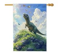 Bandiera estiva da giardino con dinosauro, verde con farfalle, decorazione vintage per esterni, decorazione su entrambi i lati, per feste primaverili sul prato, 71 x 101 cm