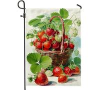 Bandiera estiva da giardino con fragole, cestino con bacche rosse, striscione decorativo per esterni, bandiera su entrambi i lati, in iuta, decorazione per feste stagionali, prato, 30,5 x 45,7 cm
