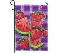 Bandiera estiva da giardino con fragole e anguria, striscione per cortile con succo di frutta viola, decorazione decorativa su entrambi i lati, decorazione per esterni, decorazione per feste