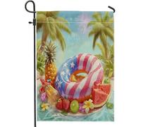 Bandiera estiva da giardino con frutta e spiaggia, palma tropicale, ananas, anguria, fragola, decorazione per la casa, striscione per esterni, bandiera da cortile in iuta su entrambi i lati