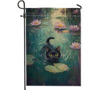 Bandiera estiva da giardino con gatto che nuota, fantasioso laghetto con ninfee, decorazione per la casa e per esterni, bandiera da cortile in tessuto su entrambi i lati, decorazione per feste