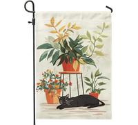 Bandiera estiva da giardino con gatto e piante, bandiera botanica verde per la casa, arte da cortile su entrambi i lati per decorazione esterna del prato 30,5 x 45,7 cm