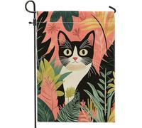 Bandiera estiva da giardino con gatto tropicale, bianco e nero, bandiera decorativa per la casa, bandiera da giardino in iuta su entrambi i lati, per la decorazione del prato all'aperto, 30,5 x 45,7