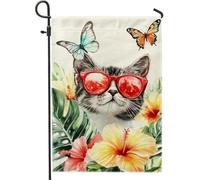Bandiera estiva da giardino con gatto tropicale, occhiali da sole rossi decorazione floreale da giardino, bandiera da giardino in lino su entrambi i lati, decorazione per esterni per la casa, 30,5 x