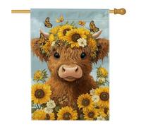 Bandiera estiva da giardino con girasole e mucca, decorazione per esterni con farfalla floreale gialla, striscione in iuta su entrambi i lati per la decorazione del prato 71 x 101 cm
