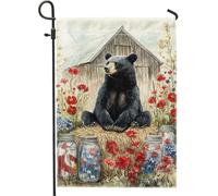 Bandiera estiva da giardino con orso nero, decorazione floreale colorata per la casa, striscione da cortile, decorazione per prato all'aperto in iuta su entrambi i lati, stile giorno dell'indipendenza