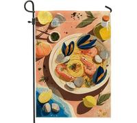 Bandiera estiva da giardino con pasta di mare, striscione decorativo per esterni con gamberetti colorati e vongole, bandiera da giardino in iuta su entrambi i lati, per la decorazione della casa e